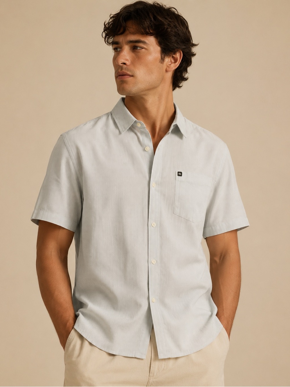 Quiksilver Men’s Light Blue Check Button Down Shirt Size Large Beach Casual